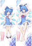  ;d ahoge armpits bangs bare_arms bare_legs barefoot bed_sheet black_footwear blue_bow blue_choker blue_dress blue_eyes blue_hair blue_panties bow breasts choker cirno cleavage collarbone collared_shirt dakimakura_(medium) dress dress_shirt female_child from_above full_body hair_between_eyes hair_bow hair_intakes long_hair looking_at_viewer mary_janes medium_hair moeanime neck_ribbon one_eye_closed open_mouth panties pinafore_dress red_ribbon ribbon shiny shiny_hair shirt shoes short_dress side-tie_panties sleeveless sleeveless_dress small_breasts smile socks split_screen striped striped_panties sundress touhou underwear w white_legwear white_shirt wing_collar younger 