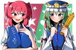  2girls blue_eyes blush buttons closed_mouth green_hair hat japanese_clothes looking_at_another multiple_girls onozuka_komachi open_mouth red_hair rod_of_remorse shiki_eiki short_twintails smile spam_(spamham4506) sweat touhou twintails 