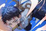  1boy arms_behind_back atsushi_toushirou bangs black_hair black_pants blood blood_on_face blue_background blue_hair bound bound_arms chibit_(choco-bit) collared_shirt cuts dress_shirt grey_eyes highres injury jumping long_sleeves looking_at_viewer male_focus mouth_hold pants restrained rope shirt short_sword slashing solo sword tantou touken_ranbu unsheathed weapon weapon_in_mouth white_shirt 