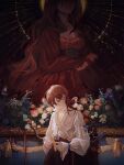  1boy 1girl absurdly_long_hair brown_hair cracked_skin cross dress flower head_out_of_frame highres holding light_rays long_hair looking_down original red_dress very_long_hair viv_flos 