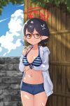  absurdres ayane_(blue_archive) ayane_(swimsuit)_(blue_archive) bangs bikini black_hair blue_archive blush denim denim_shorts flower food glasses hair_flower hair_ornament halo highres hrna jacket long_sleeves looking_at_viewer navel outdoors pointy_ears popsicle red-framed_eyewear short_hair short_shorts shorts sky smile striped striped_bikini swimsuit yellow_eyes 