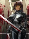  1girl absurdres black_hair blood blood_on_face blood_on_wall blood_on_weapon bodysuit breasts commission covered_nipples cowboy_shot dark_skin green_eyes grin highres large_breasts long_hair original sankyo_(821-scoville) smile sword tan weapon 