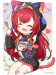  1girl :d ^_^ animal_ears animal_hood bandaid bandaid_on_knee bandaid_on_leg bangs black_jacket black_shirt blush cat_tail chibi closed_eyes commentary_request crossed_bandaids facing_viewer fake_animal_ears fang feet_out_of_frame food food_on_face fork goggles goggles_on_head heart highres holding holding_fork hood hood_up hooded_jacket jacket long_hair long_sleeves mitya nekota_tsuna puffy_long_sleeves puffy_sleeves red_hair shirt sitting smile solo striped tail tin_can twitter_username very_long_hair virtual_youtuber vspo! 