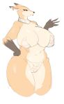  absurd_res anthro big_breasts breasts canid canine carsen claws ear_piercing female fennec fox fur green_eyes hi_res mammal piercing simple_background smile solo thick_thighs wide_hips yellow_body yellow_fur 