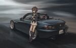  1girl absurdres ascot black_legwear blue_eyes bokuya brown_hair car closed_mouth convertible flower gloves ground_vehicle highres honda honda_s2000 kantai_collection kneehighs license_plate long_hair long_sleeves looking_at_viewer messy_hair military military_uniform motor_vehicle pleated_skirt red_ascot red_flower red_rose rose sheffield_(kancolle) skirt smile solo uniform white_gloves white_skirt 