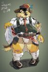  2022 absurd_res anthro belly black_nose brown_body brown_fur bulge canid canine canis clothing domestic_dog fur hat headgear headwear hi_res humanoid_hands kemono kilt male mammal necktie overweight overweight_male shirt simple_background solo topwear underwear yazoe 