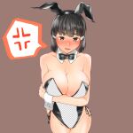  1girl animal_ears arm_under_breasts bare_legs black_leotard blush bow bowtie braid braided_bun breast_hold breasts brown_background brown_eyes brown_hair cleavage collarbone covered_navel cowboy_shot detached_collar embarrassed furaggu_(frag_0416) hair_between_eyes hair_bun hair_ornament hairclip highres kantai_collection large_breasts leotard long_hair medium_hair myoukou_(kancolle) open_mouth playboy_bunny rabbit_ears single_hair_bun solo strapless strapless_leotard translucent_bunnysuit two-tone_leotard white_leotard wrist_cuffs 