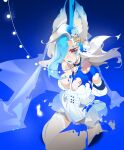  1girl absurdres animal_ears arms_behind_back bare_shoulders between_breasts blue_background blue_collar blue_eyes blue_feathers blue_hair blue_lips body_writing bound bound_arms breasts closed_mouth collar collarbone dated dripping eyeshadow feathers garter_straps gloves gradient hair_ornament highres league_of_legends leash light_blue_eyes light_blue_hair lipstick long_hair makeup multicolored_hair o-ring paint paint_on_body paint_splatter paint_splatter_on_face qi1san red_eyes see-through single_thighhigh sitting smeared_lipstick solo star_(symbol) star_hair_ornament talons thighhighs torn torn_clothes veil white_gloves white_hair xayah 