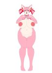  absurd_res anthro blue_eyes breasts carsen clothed clothing fangs felid feline female fur genitals hi_res looking_at_viewer mammal multicolored_body multicolored_fur nipples open_mouth open_smile partially_clothed pink_body pink_fur pussy simple_background smile solo teeth thick_thighs two_tone_body two_tone_fur wide_hips 