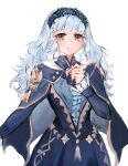  1girl bags_under_eyes bangs blue_hair blush breasts brown_eyes cape closed_mouth dress fire_emblem fire_emblem:_three_houses fire_emblem_warriors:_three_hopes highres long_hair long_sleeves looking_at_viewer marianne_von_edmund paiiart simple_background solo upper_body 