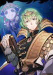  1boy 1girl alternate_costume asymmetrical_clothes bangs bare_shoulders blue_dress blunt_bangs book braid byleth_(fire_emblem) byleth_(fire_emblem)_(male) closed_mouth commentary_request dress enlightened_byleth_(male) expressionless fire_emblem fire_emblem:_three_houses fire_emblem_heroes floating floating_hair green_eyes green_hair hair_between_eyes hair_ornament hands_on_another&#039;s_shoulders high_collar highres holding holding_book long_hair looking_at_viewer nakabayashi_zun official_alternate_costume pointy_ears short_hair sleeveless sleeveless_dress smile sothis_(fire_emblem) tiara twin_braids twintails upper_body very_long_hair 