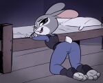  2022 3_toes anthro armor baebot bed bent_over body_armor butt clothed clothing detailed_background disney feet female full-length_portrait fully_clothed furniture grey_body hi_res judy_hopps kneeling lagomorph leporid looking_at_viewer looking_back looking_back_at_viewer mammal open_mouth open_smile portrait purple_eyes rabbit rear_view smile soles solo toes zootopia 