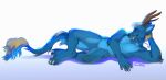  2022 anthro arm_support black_lips black_nose blue_body blue_ears blue_fur blue_inner_ear_fluff blue_tail brown_antlers claws dated dragon elbow_tuft famir_(artist) featureless_crotch finger_claws front_view fur furred_dragon glistening glistening_nose grin hair inner_ear_fluff leaning_on_elbow leg_tuft lips lying male neck_tuft nude on_side orange_eyes shadow shoulder_tuft signature simple_background smile solo tail_tuft tan_hair tan_tail_tuft toe_claws tuft 