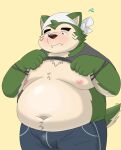  2022 anthro belly big_belly black_nose blush canid canine canis clothed clothing clothing_lift cute_fangs domestic_dog green_body hi_res kemono lifewonders live-a-hero male mammal mokdai moobs navel nipples overweight overweight_male shirokuma_210 shirt shirt_lift simple_background solo topwear video_games 