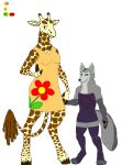  anthro biped bottomwear breasts canid canine canis claws clothed clothing colored_nails cooltexan57 deka_(cooltexan57) digital_media_(artwork) dress duo ear_piercing eyeshadow floral_clothing fluffy fluffy_tail fox fur giraffe giraffid girly grey_body grey_fur herm horn intersex intersex/male legwear looking_at_viewer makeup male mammal multicolored_body multicolored_fur nails piercing simple_background size_difference smile standing stockings taylor_(cooltexan57) thigh_highs tight_clothing toe_claws two_tone_body two_tone_fur wave 