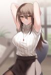  1girl armpits arms_up bangs blurry blurry_background blush breasts brown_hair brown_legwear brown_skirt closed_mouth commentary_request hair_between_eyes highres jewelry kinona large_breasts long_hair looking_at_viewer necklace original pantyhose shirt shirt_tucked_in sitting skirt solo white_shirt yellow_eyes 