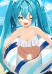  1girl aqua_eyes aqua_hair ass_visible_through_thighs bangs beach bikini breasts cleavage collarbone cowboy_shot crossed_bangs eyebrows_behind_hair hair_between_eyes hatsune_miku highleg highleg_bikini highres inflatable_toy innertube leaning_forward light_blush long_hair looking_at_viewer navel ocean one_eye_closed open_mouth reirou_(chokoonnpu) sky smile solo swimsuit symbol-only_commentary twintails very_long_hair vocaloid water white_bikini 