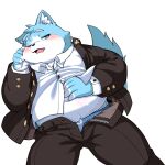  1:1 2022 anthro belly black_nose blue_body blush bottomwear canid canine clothing dokyudokyu1 hi_res humanoid_hands kemono male mammal one_eye_closed overweight overweight_male pants shirt solo topwear underwear white_body 