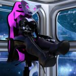  anthro bbdworks boots clothing female footwear glowing hi_res hybrid machine mistress reptile robot rubber rubber_clothing rubber_suit scalie sitting snake solo syndra_(bbd-works) 