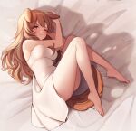  animal_humanoid barefoot bed bed_sheet bedding blush brown_eyes brown_hair canid canid_humanoid canine canine_humanoid clothed clothing dog_humanoid dog_tail dress feet female furniture hair hi_res hololive humanoid korone_inugami long_hair looking_at_viewer lying mammal mammal_humanoid on_bed one_eye_closed onini smile solo virtual_youtuber white_clothing white_dress 