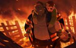  2022 absurd_res anthro bottomwear carrying clothing detailed_background duo eyes_closed fire firefighter hat headgear headwear hi_res humanoid_hands huynhduyad14 kemono male mammal musclegut overweight overweight_male pants shirt topwear ursid 
