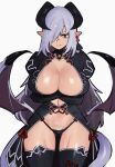  1girl absurdres black_legwear breasts cleavage closed_mouth demon_girl grey_hair hair_over_one_eye highres large_breasts looking_at_viewer mano_(manobece) monster_girl_encyclopedia pointy_ears red_eyes smile solo thighhighs 