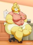  2022 absurd_res animal_crossing anthro blonde_hair bottomwear bra breasts canid canine canis cleavage clothed clothing collarbone domestic_dog eyebrows female footwear fully_clothed fur hair hi_res inside isabelle_(animal_crossing) mammal nintendo overweight overweight_anthro overweight_female shih_tzu signature sitting skirt solo toy_dog underwear video_games white_body white_fur white_tail xxsparcoxx yellow_body yellow_fur 
