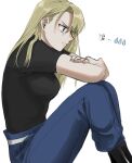  1girl black_shirt blonde_hair blue_pants boots breasts brown_eyes closed_mouth crossed_arms elbows_on_knees from_side fullmetal_alchemist hair_down highres knees_up large_breasts lips long_hair ozaki_(tsukiko3) pants profile riza_hawkeye shirt short_sleeves simple_background sitting solo straight_hair tears white_background 