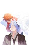  2boys angel_wings black_necktie blue_eyes blue_hair blush dhfz181 feathered_wings halo hand_on_another&#039;s_mouth hasegawa_langa highres hood hoodie kyan_reki long_sleeves looking_at_another male_child male_focus medium_hair multiple_boys necktie red_hair red_hoodie short_hair simple_background sk8_the_infinity white_background wings yellow_eyes younger 
