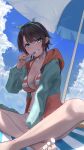  1girl aqua_eyes bangs bare_legs beach beach_umbrella bikini blush breasts brown_hair cleavage foot_out_of_frame grin hairband highres hololive hood hood_down hooded_sweater indian_style long_sleeves looking_at_viewer medium_breasts mouth_hold multicolored_nails nayuyu1105 oozora_subaru short_hair sidelocks sitting smile solo striped striped_bikini sweater swept_bangs swimsuit thighs toes umbrella virtual_youtuber 