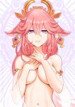  1girl abstract_background animal_ears bangs breasts collarbone commentary covering covering_breasts detached_sleeves earrings english_commentary floppy_ears fox_ears genshin_impact glint grin hair_between_eyes hair_ornament hands_on_own_chest jewelry long_hair looking_at_viewer magic_circle medium_breasts navel nude paid_reward_available parted_lips patreon_username pink_hair pink_lips purple_background purple_eyes revenantart see-through see-through_sleeves smile solo straight-on upper_body watermark web_address yae_miko 