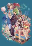  2girls 3boys :d alternate_color alternate_costume bianca_(pokemon) blue_eyes brown_eyes brown_hair candy_apple character_mask cheren_(pokemon) commentary_request cotton_candy fireworks food grapploct green_hair hair_ornament hairband hairclip hilbert_(pokemon) hilda_(pokemon) holding huan_li japanese_clothes kimono mask mask_on_head multiple_boys multiple_girls n_(pokemon) official_alternate_costume open_mouth oshawott pointing pokemon pokemon_(game) pokemon_bw pokemon_masters_ex sandals sash shiny_pokemon short_hair sidelocks smile standing toes tongue zoroark 