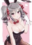  1girl \m/ animal_ears black_legwear black_leotard blush bow bowtie breasts cleavage collarbone covered_navel detached_collar drill_hair fishnet_legwear fishnets gloves grey_hair hair_ribbon heart highres idolmaster idolmaster_cinderella_girls kanzaki_ranko large_breasts leotard looking_at_viewer ookami_maito pantyhose playboy_bunny rabbit_ears rabbit_tail red_bow red_bowtie red_eyes red_ribbon ribbon simple_background skin_tight skindentation solo tail twintails two-tone_background white_gloves wrist_cuffs 