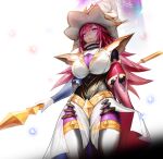  1girl absurdres armband beyond_the_pendulum breasts duel_monster gloves hat highres holding holding_staff korean_commentary large_breasts long_hair multicolored_clothes open_mouth pointy_hair purple_eyes red_hair rehut staff strap teeth thighhighs white_gloves wizard_hat yu-gi-oh! 