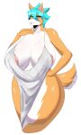  absurd_res anthro big_breasts blue_eyes breasts canid canine carsen clothed clothing female fluffy fluffy_tail fox fur hi_res mammal multicolored_body multicolored_fur nipples open_mouth open_smile orange_body orange_fur partially_clothed red_eyes simple_background smile solo thick_thighs two_tone_body two_tone_fur white_body white_fur wide_hips 