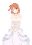  1girl absurdres blush breasts bride cleavage dress green_eyes hair_bun highres looking_at_viewer love_live! love_live!_nijigasaki_high_school_idol_club own_hands_together red_hair short_hair sleeveless sleeveless_dress smile solo uehara_ayumu wedding wedding_dress white_dress zasshoku_ojisan 