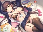  1girl bed_sheet between_breasts black_bra black_legwear black_panties bra breasts brown_hair cleavage clothes_lift condom condom_wrapper garter_straps gomashio_ponz green_eyes hair_ornament hairclip highres id_card lace_trim lanyard large_breasts long_hair looking_at_viewer lotion_bottle lying magazine_(object) navel non-web_source office_lady on_back open_clothes open_mouth original panties skirt skirt_lift solo stomach thighhighs underboob underwear 