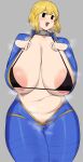  1girl bangs black_eyes blonde_hair blue_jumpsuit blush bob_cut bodysuit breasts chamchami cleavage collar covered_nipples curvy fallout_(series) highres huge_breasts jumpsuit large_breasts light_areolae looking_at_viewer metal_collar nipples open_clothes open_mouth plump short_hair smile solo thighs unzipped vault_dweller vault_girl vault_suit 