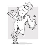  2022 anthro anus avian barkyeet bird butt clothed clothing female full-length_portrait greyscale hi_res lyra_(w4g4) monochrome panties panties_down partially_clothed portrait potoo rear_view solo topless topless_anthro topless_female underwear underwear_down 