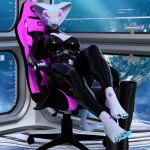  1:1 5_toes anthro bbdworks chair clothing feet female furniture glowing glowing_eyes hi_res humanoid_feet hybrid machine reptile robot rubber rubber_clothing rubber_suit scalie sitting snake solo syndra_(bbd-works) toes 