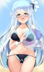  1girl absurdres alternate_costume ball beach beachball bikini bimmy blue_eyes blue_hair blush breasts collarbone cowboy_shot day english_commentary glasses highres holding holding_ball holding_beachball horns kiseijou_rei large_breasts long_hair looking_at_viewer navel neptune_(series) ocean outdoors semi-rimless_eyewear sideboob single_horn smile solo swimsuit under-rim_eyewear 