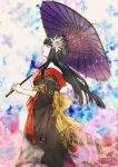  1girl aqua_eyes bangs bare_shoulders bat_hair_ornament black_hair black_kimono blunt_bangs blunt_ends feet_out_of_frame final_fantasy final_fantasy_xiv floating_hair flower from_side hair_flower hair_ornament holding holding_umbrella japanese_clothes kimono long_hair looking_back mole mole_under_mouth obi obiage off_shoulder orange_outline outline profile ruka_(blueplus84) sash sidelocks signature solo standing straight_hair twitter_username umbrella wide_sleeves yotsuyu_(ff14) 