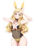  1girl absurdres adapted_costume animal_ears armpits arms_up bare_legs blonde_hair breasts cleavage cleavage_cutout clothing_cutout fire_emblem fire_emblem_fates fire_emblem_heroes headband highres large_breasts long_hair navel ophelia_(fire_emblem) playboy_bunny rabbit_ears rabbit_tail see-through seityr short_bangs sleeveless smile tail 
