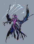  1boy cane claws closed_mouth devil_may_cry_(series) devil_may_cry_5 devil_trigger feathered_wings floating floating_object floating_weapon glowing glowing_eyes grey_background highres horns kenny_(poe90) lens_flare low_wings male_focus multiple_wings pointing purple_eyes simple_background sketch solo third_eye weapon wings 