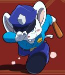  2022 anthro biped blue_eyes blush bottomwear clothing hi_res humanoid_hands kemono kyoujinbe mammal mappy mappy_(character) mouse murid murine pants police police_baton police_hat police_officer police_uniform rodent shirt solo topwear uniform video_games white_body 