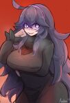  1girl :d @_@ absurdres ahoge arm_under_breasts artist_name asekeu breasts dress glowing glowing_eyes hairband hand_on_own_cheek hand_on_own_face hex_maniac_(pokemon) highres large_breasts long_dress long_hair looking_at_viewer open_mouth pokemon pokemon_(game) pokemon_xy purple_eyes purple_hair purple_hairband red_background ribbed_dress shaded_face sidelocks sketch smile 