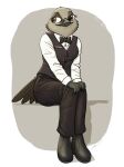  absurd_res anthro avian bartender bird black_tie_(suit) boots bottomwear bow_tie clothed clothing cute_expression female fish_birb footwear half-closed_eyes hi_res millie_(fish_birb) narrowed_eyes oscine pants passerine pinup pose shirt sitting solo starling_(bird) suit topwear uniform vest waiter waiter_suit 