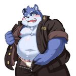  1:1 2022 anthro belly big_belly black_nose blue_body blush bottomwear bulge clothing felid gomdepp hi_res kemono male mammal moobs navel nipples overweight overweight_male pants simple_background solo underwear 