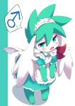  2022 absurd_res anthro clothed clothing crossdressing digital_media_(artwork) fur furrowed_brow gender_symbol girly gloves_(marking) green_body green_fur hi_res kemono legendary_pok&eacute;mon looking_at_viewer maid_headdress maid_uniform male male_symbol markings narrowed_eyes neck_tuft nintendo open_mouth pok&eacute;mon pok&eacute;mon_(species) shaymin simple_background sky_forme_shaymin speech_bubble symbol syuya teal_body teal_eyes tuft uniform video_games white_body white_fur 