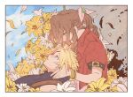  1boy 1girl absurdres aerith_gainsborough armor_removed bangs blonde_hair blue_eyes blue_shirt bracelet braid braided_ponytail brown_hair cloud cloud_strife cloudy_sky couple cropped_jacket crying dress falling_petals final_fantasy final_fantasy_vii final_fantasy_vii_remake flower green_eyes grey_sky hair_ribbon hetero highres holding_another&#039;s_head jacket jewelry lap_pillow materia metanaito122 multiple_bracelets open_mouth parted_bangs parted_lips petals pink_dress red_jacket ribbon shirt short_hair short_sleeves sidelocks sky sleeveless sleeveless_turtleneck smile spiked_hair suspenders tears turtleneck wavy_hair white_flower yellow_flower 